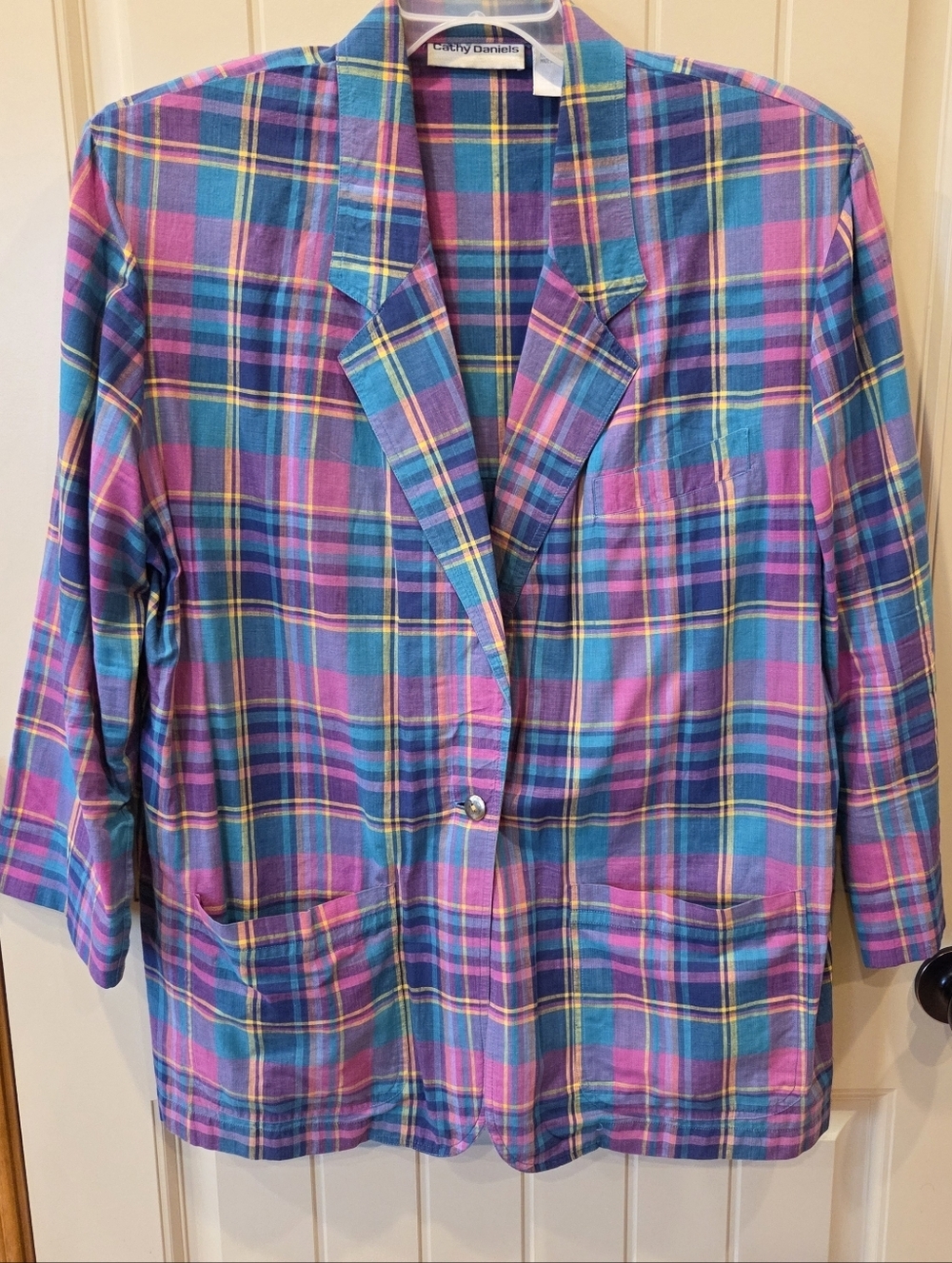 VTG Cathy Daniels Plaid Blazer Large Cotton 80s 90s Multi Color Madras Jacket